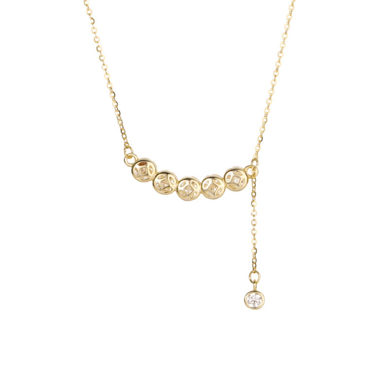 E廠【XDQ1171N】S925純銀銅錢排鑽項鍊女輕奢小眾錢幣鋯石弧形流蘇鎖骨鏈
 25.12-4