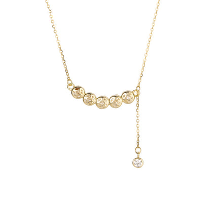 E廠【XDQ1171N】S925純銀銅錢排鑽項鍊女輕奢小眾錢幣鋯石弧形流蘇鎖骨鏈
 25.12-4