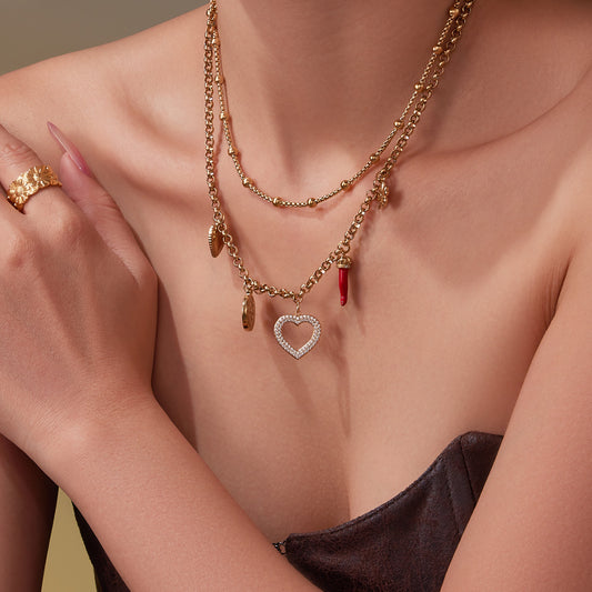 B廠【P170】不銹鋼雙層疊戴項鍊 ins愛心鋯石多吊墜歐美百搭輕奢鎖骨鏈
 25.11-3