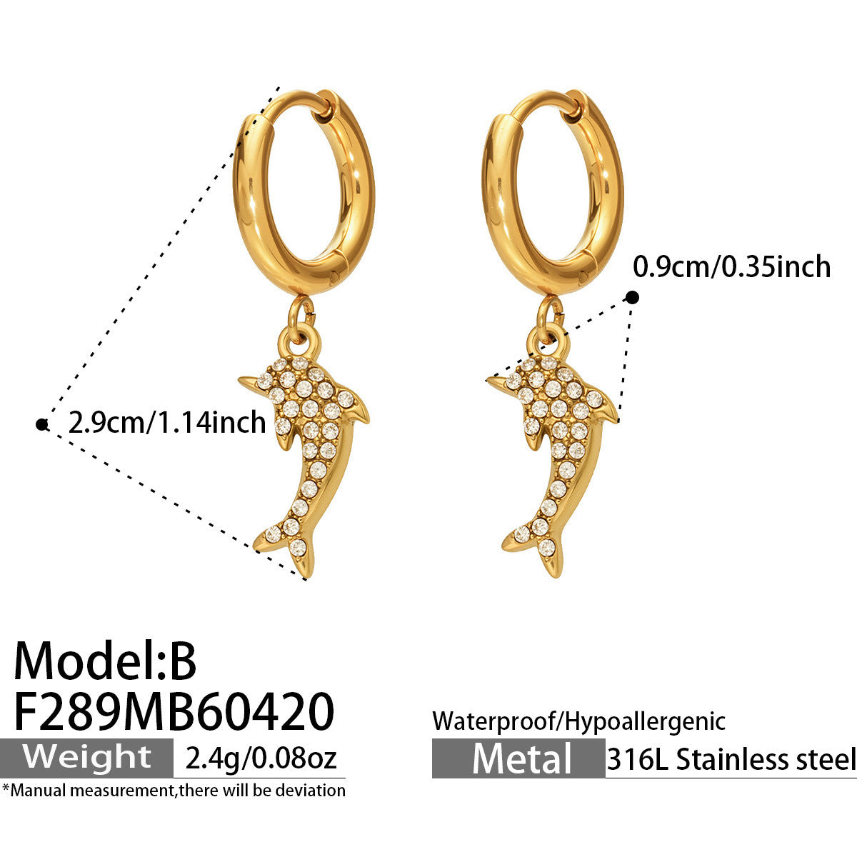 B廠【F289】海洋風不鏽鋼鑲嵌鋯石小海豚吊墜耳環鍍18k金耳圈輕奢簡約耳飾女
 26.04-5