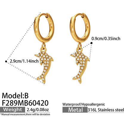 B廠【F289】海洋風不鏽鋼鑲嵌鋯石小海豚吊墜耳環鍍18k金耳圈輕奢簡約耳飾女
 26.04-5