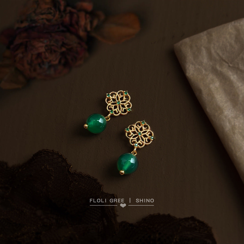 C廠【7068】國潮新中式微鑲鋯石綠瑪瑙鏤空蕾絲新款手工耳飾女
 25.11-2