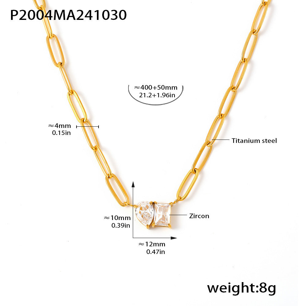 B廠【P2004】 歐美跨境不鏽鋼18k鍍金水滴方形鋯石甜美項鍊個性輕奢項鍊飾 24.11-2