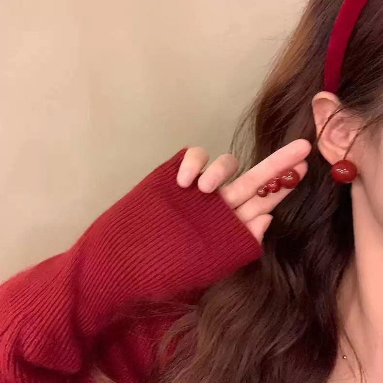 E廠【YC9894E】S999足銀簡約紅色圓珠耳環女本命年喜慶高級感顯白耳飾品 24.02-3