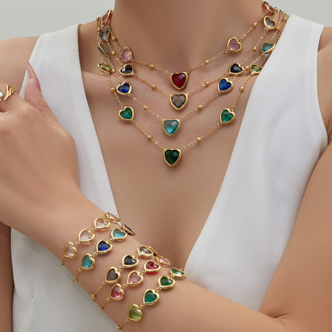 B廠【TXP510】不鏽鋼愛心切麵包邊玻璃石鋼珠項鍊手鍊耳環組鍍18k真金不掉色
 25.12-2