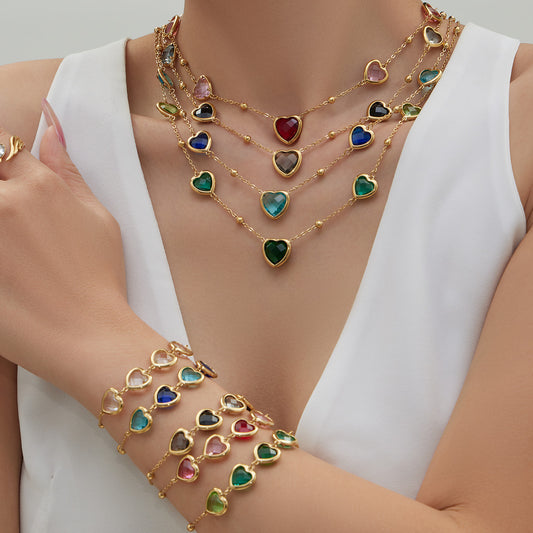 B廠【TXP510】不鏽鋼愛心切麵包邊玻璃石鋼珠項鍊手鍊耳環組鍍18k真金不掉色
 25.12-2