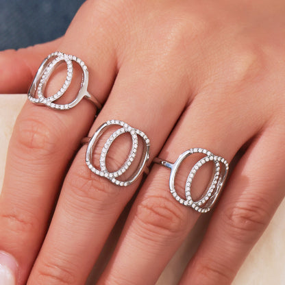 B廠【A462】不鏽鋼雙環C線開口白鑽太陽能石戒指歐美個性百搭輕奢指環 25.07-4