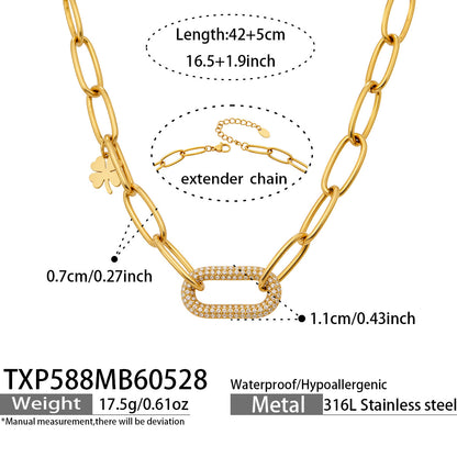 B廠【TXP588】歐美熱銷款粗鏈鎖扣幸運草滿鑽鋯石不銹鋼項鍊手鍊個性高質感套裝
 26.06-1