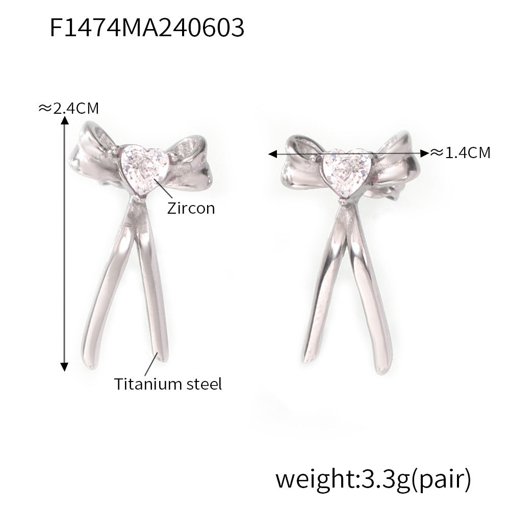 B廠【F1474】ins風時尚個性氣質蝴蝶結耳環韓版優雅鈦鋼鍍18k金鑲鑽百搭耳飾女 24.06-2