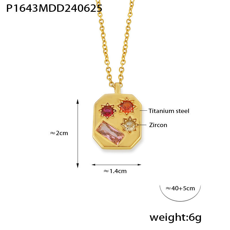 B廠【P1643】INS法式復古文藝氣質鑲彩色鋯石吊墜女八邊形鈦鋼鍍18k金項鍊飾品 24.07-1