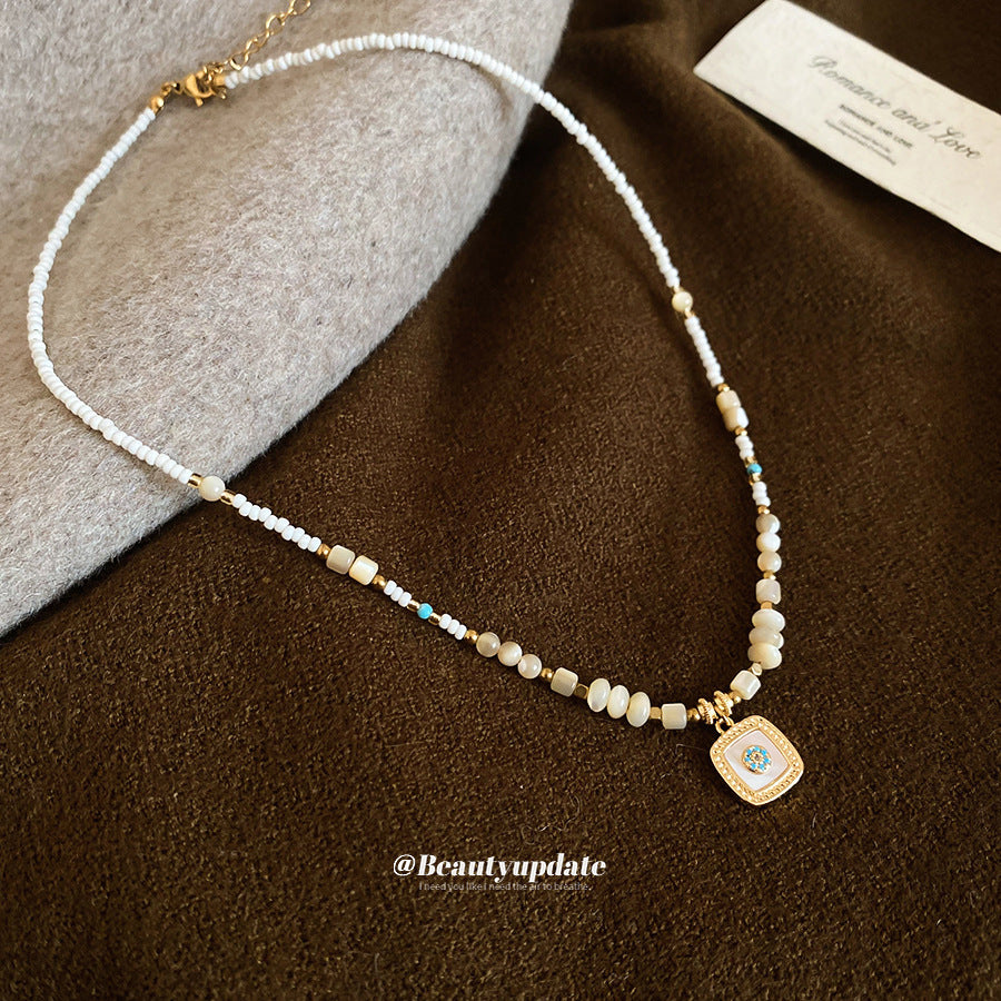 A廠【HN10553】水晶串珠貝殼方形吊墜項鍊復古優雅氣質百搭鎖骨鏈輕奢小眾頸鍊飾
 25.11-2