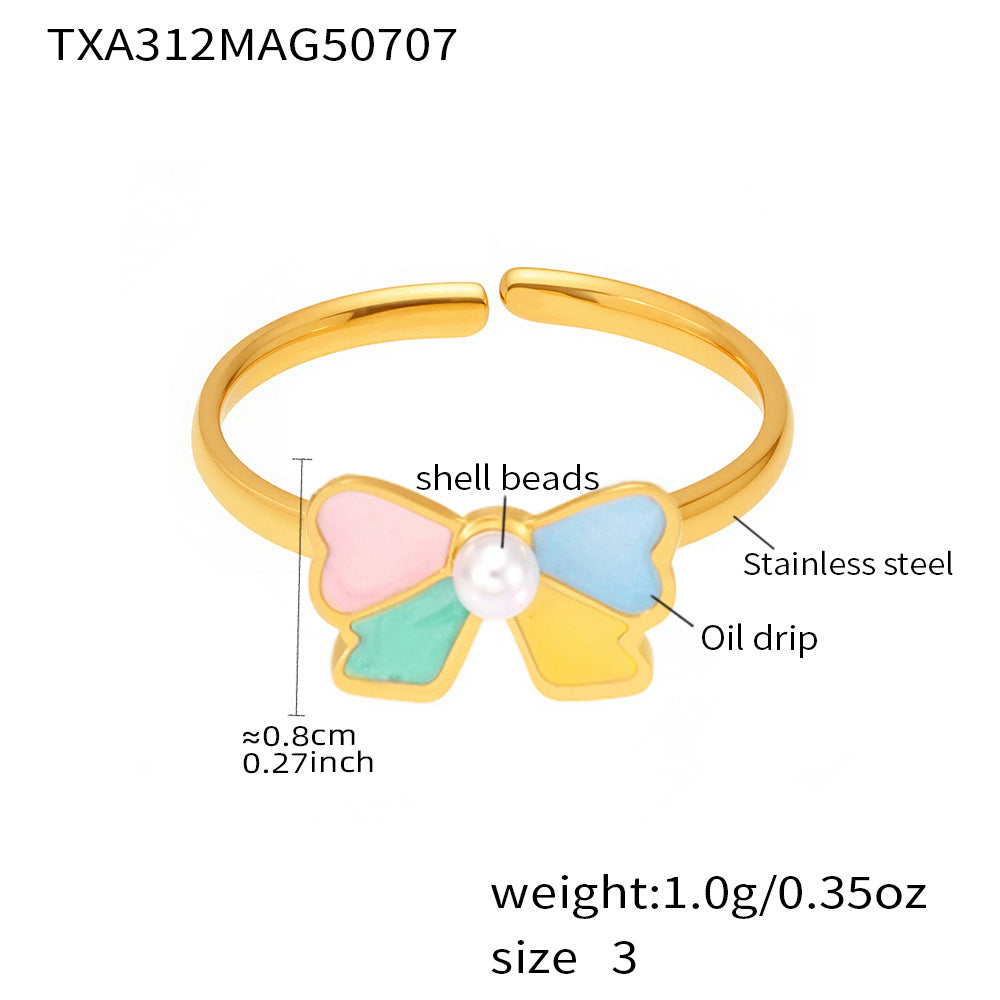 B廠【TXP312】新款兒童飾品不鏽鋼貝殼珠蝴蝶結滴油項鍊手鍊戒指耳環套裝 25.07-2
