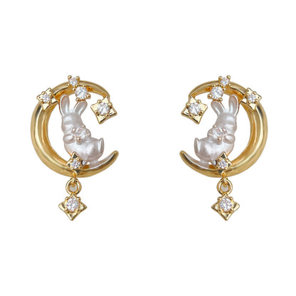 A廠【6726】月兔~原始微鑲鋯石925銀針電鍍14K彩繪月亮新款耳飾 清新甜美耳環
 25.09-2