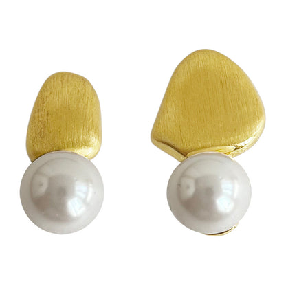 A廠【4243】施家珍珠不對稱拉絲金豆豆耳環通勤百搭簡約不規則冷淡風氣質耳飾 25.01-2