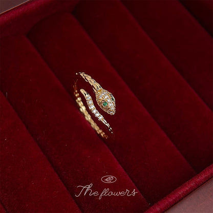 A廠【5425】微鑲鋯石靈蛇戒指 電鍍18K高品質保色開口可調指環高級感食指戒 25.01-3