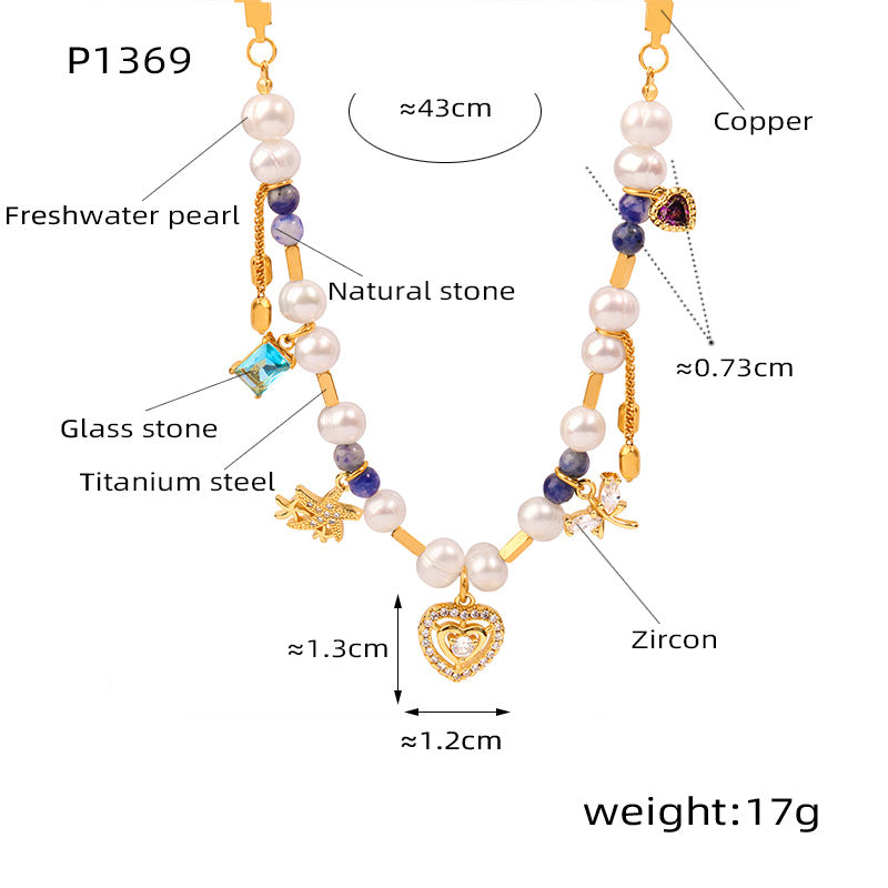 B廠【P1369】歐美輕奢通勤項鍊女愛心鑲鋯石吊墜ins甜美淡水珍珠天然石鎖骨鏈 24.01-2