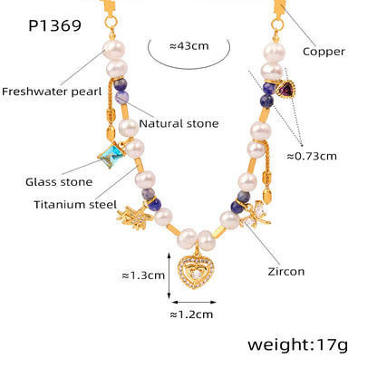 B廠【P1369】歐美輕奢通勤項鍊女愛心鑲鋯石吊墜ins甜美淡水珍珠天然石鎖骨鏈 24.01-2