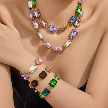 B廠【TXP591】歐美新款多色長方形玻璃石項鍊手鍊首飾套裝復古宴會風不銹鋼飾品
 26.06-4