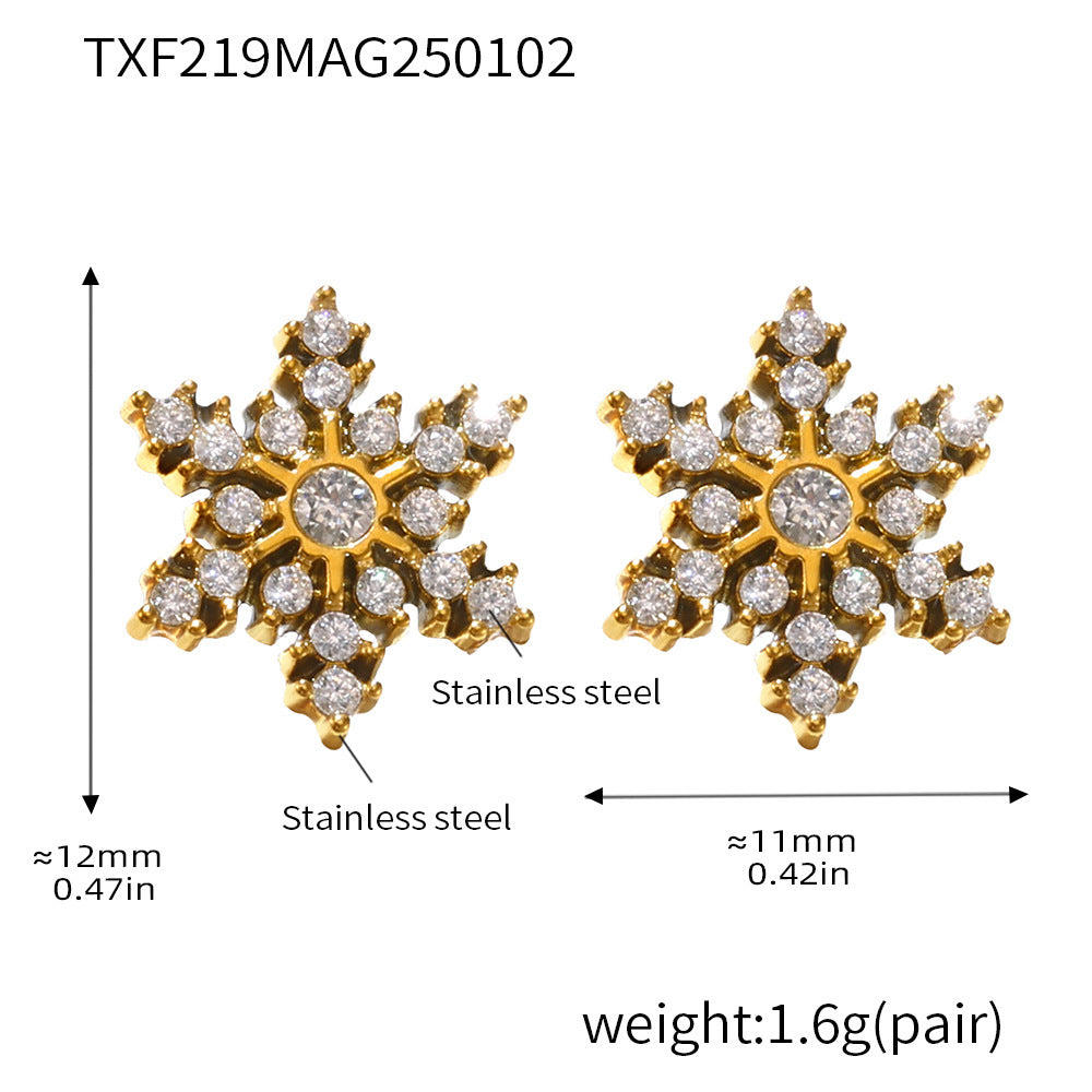 B廠【TXF219】手工鑲嵌雪花鋯石耳環時尚鈦鋼耳飾精緻氣質PVD電鍍18K真金 25.01-2