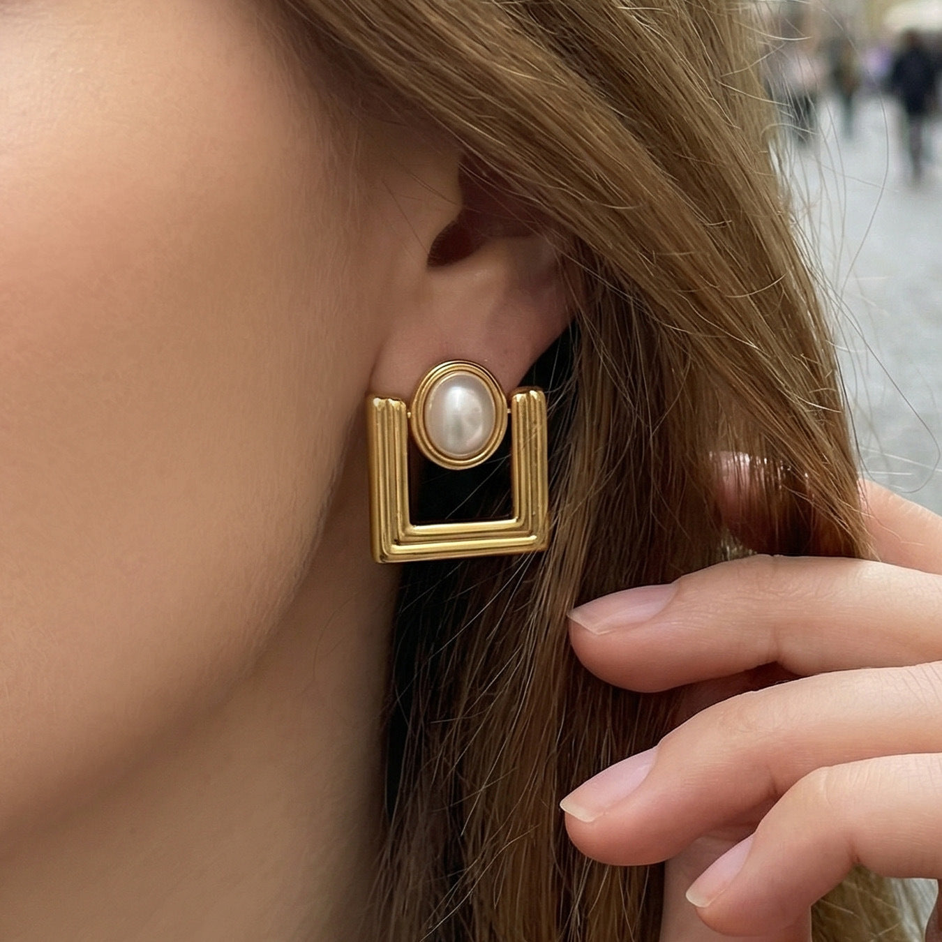 B廠【F221】歐美ins小眾設計感幾何方型仿珍珠耳環不鏽鋼鍍18k真金耳環不掉色
 26.04-3