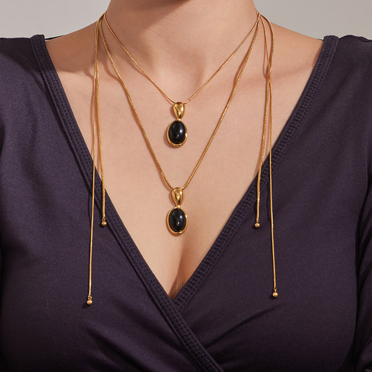 B廠【M078】跨國時尚新款小眾瑪瑙吊墜長版毛衣鏈簡約設計不鏽鋼可調式毛衣鏈
 26.03-4