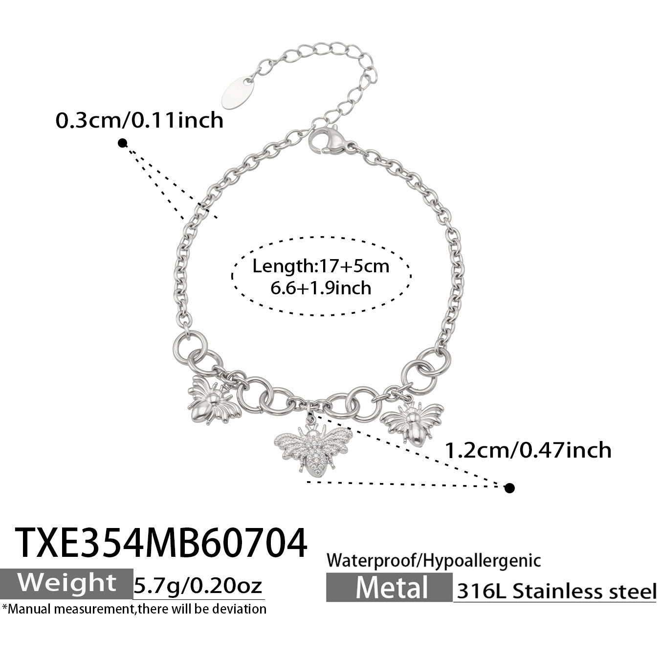 B廠【TXP354】歐美5A鋯石小蜜蜂吊墜不鏽鋼鍍18k金 多配件項鍊手鍊套組女飾品 26.07-2