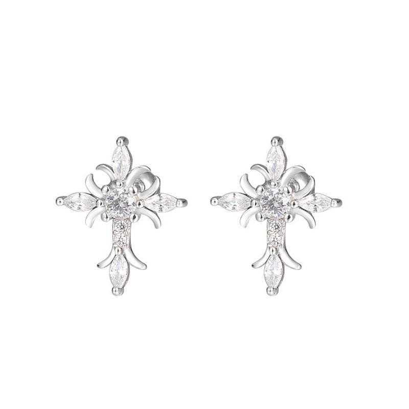 E廠【XDQ11235E】S925純銀甜酷風滿鑽鳶尾花十字架耳環女小眾簡約鑲鋯石耳飾品
 25.12-1