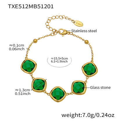 B廠【TXP512】不銹鋼正方形切面玻璃石手鍊項鍊耳環套裝歐美風潮酷氣質珠寶首飾
 25.12-2