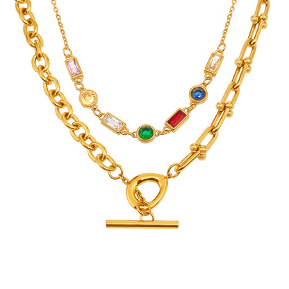 B廠【P1292】歐美彩色鋯石鎖骨鍊馬蹄扣OT扣鏈條雙層疊戴項鍊不鏽鋼首飾 25.04-2