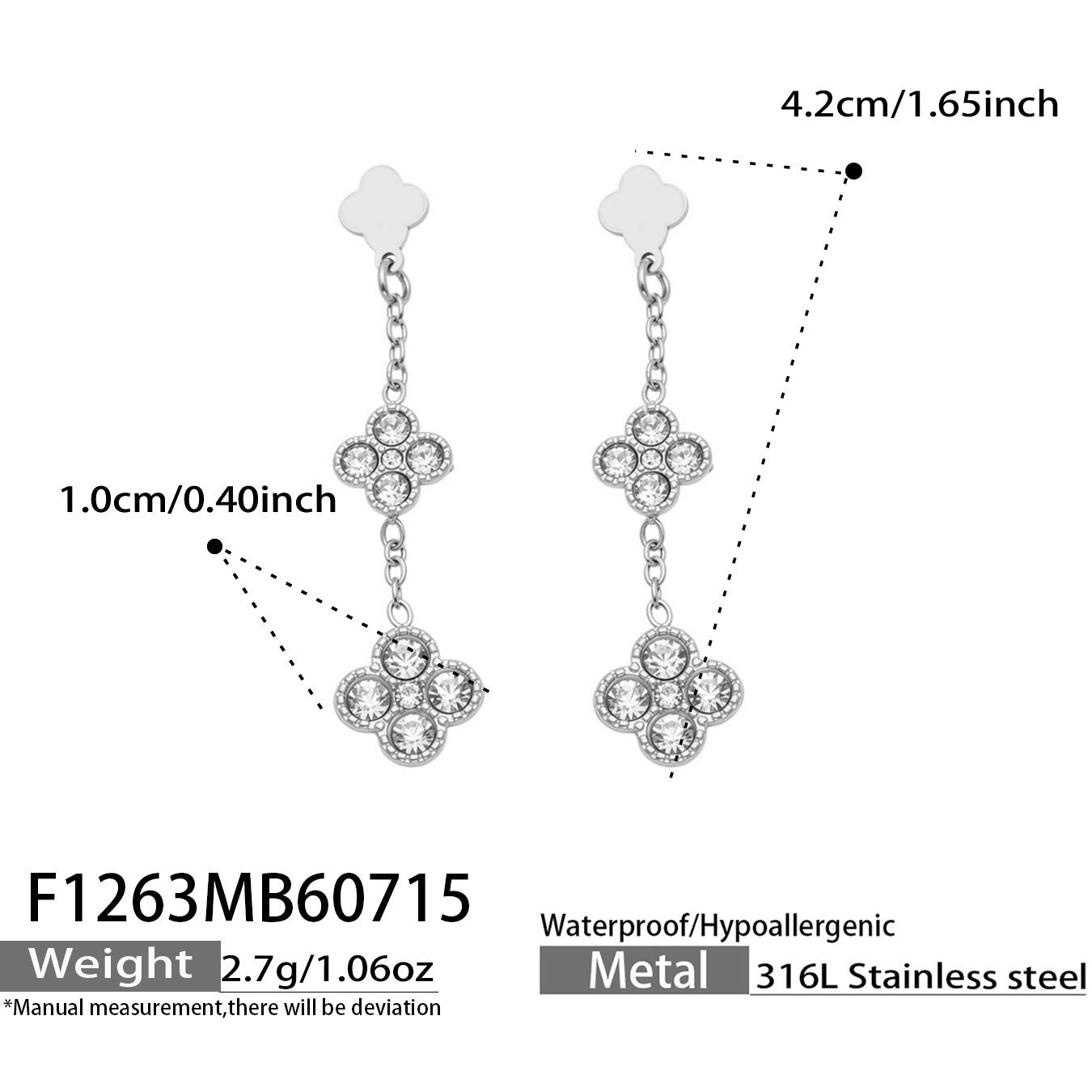 B廠【F1263】小花帶鑽鑲嵌鋯石吊墜耳環不鏽鋼鍍18k金歐美時尚輕奢耳環飾品女
 26.07-4