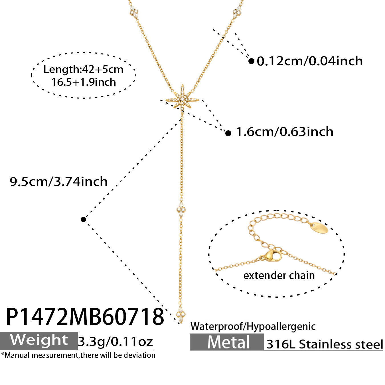 B廠【P1682】歐美跨境疊戴風氣質不銹鋼六芒星Y字型鑲鋯石吊墜項鍊保色女飾品
 26.07-4