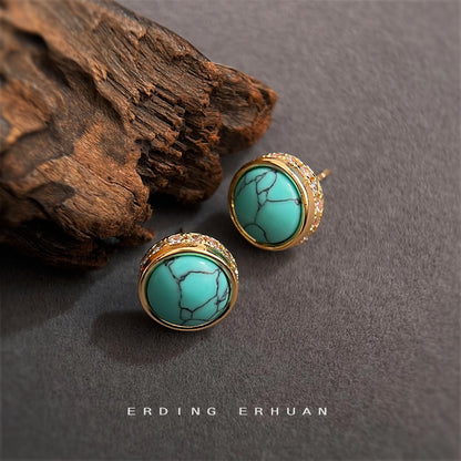 A廠【5744】文藝復古925銀針新中式微鑲鋯石合成綠松石圓形高級感耳環耳飾女 25.03-3