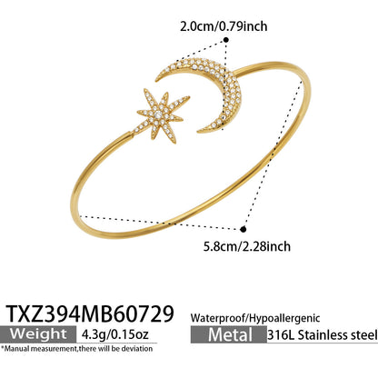 B廠【TXP394】歐美輕奢風不鏽鋼鍍18k金 月亮星星鑲鋯石女項鍊耳環手鐲飾品套裝
 26.08-1