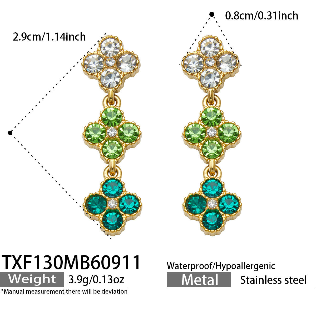 B廠【TXP618】歐美鬆弛氛圍感四瓣花彩鋯不銹鋼高級感項鍊手鍊戒指耳環首飾套裝
 26.09-3
