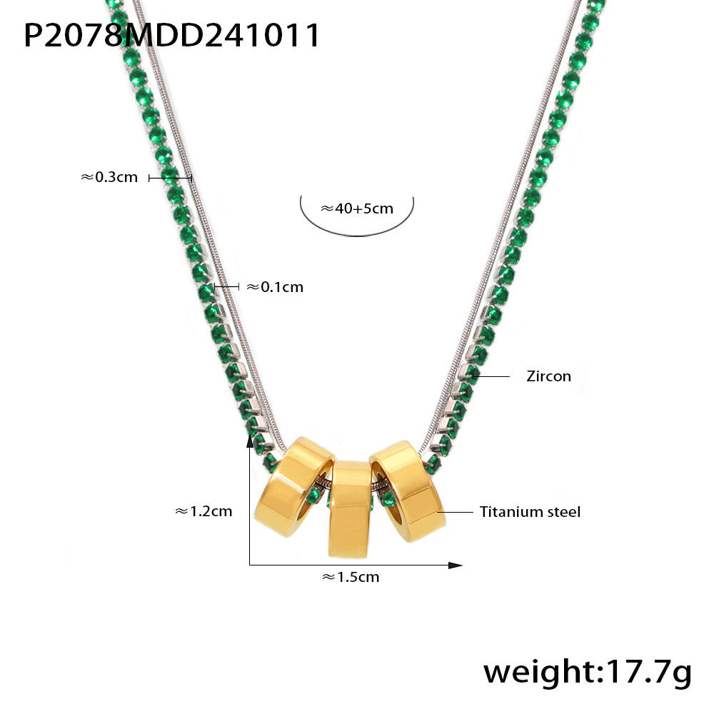 B廠【P2078】飾品316L鈦鋼3mm爪鑽多彩鋯石間電3環鎖骨項鍊鍍18K金保色 24.10-4