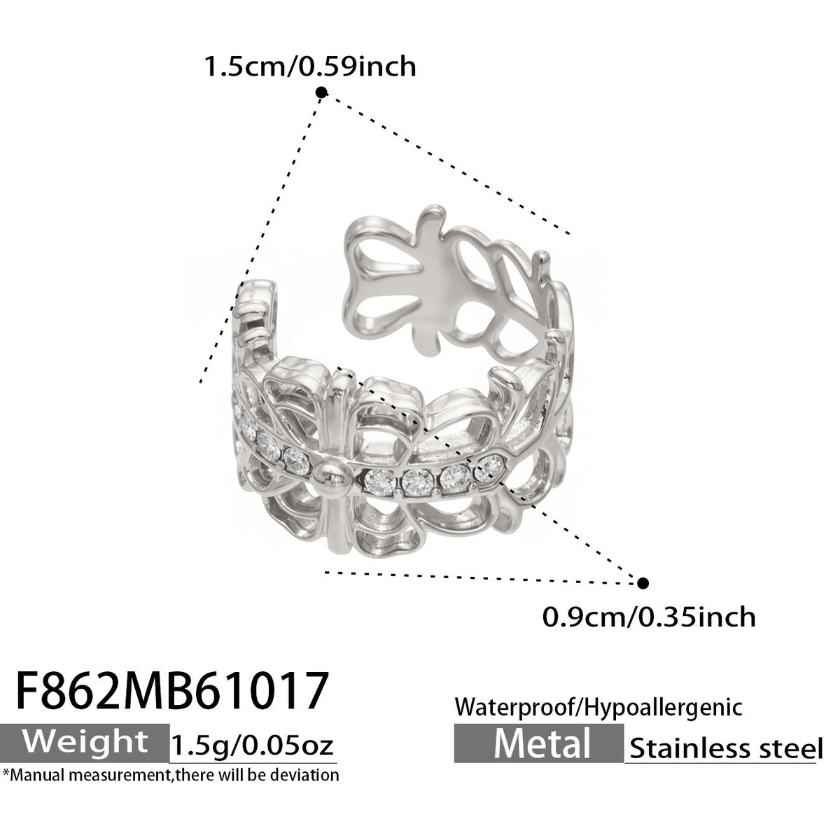 B廠【F862】冷淡系C型鏤空閃锆耳飾不鏽鋼鍍金無耳洞耳環
 26.10-4