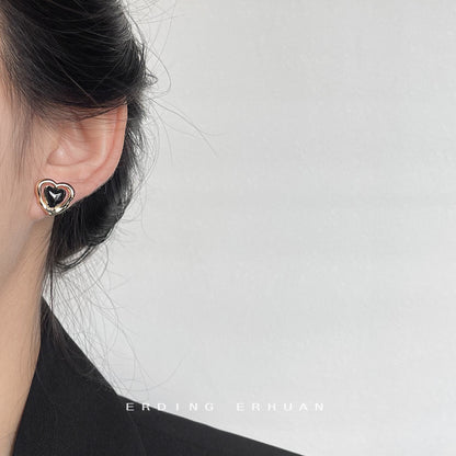 A廠【3450】黑桃夾心復古耳環法式輕奢百搭滴釉鏤空心形高級感赫本風氣質耳飾 25.01-2