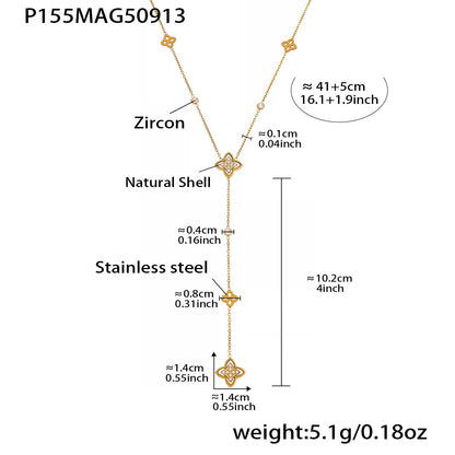 B廠【P155】不鏽鋼四葉花Y字流蘇鎖骨鏈鍍18k金精緻仿珍珠疊戴項鍊組合
 25.09-4