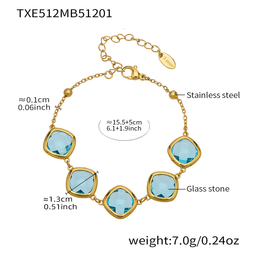 B廠【TXP512】不銹鋼正方形切面玻璃石手鍊項鍊耳環套裝歐美風潮酷氣質珠寶首飾
 25.12-2