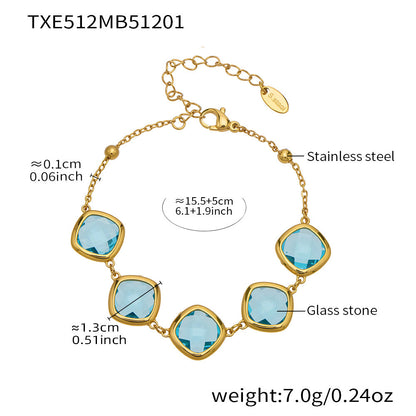 B廠【TXP512】不銹鋼正方形切面玻璃石手鍊項鍊耳環套裝歐美風潮酷氣質珠寶首飾
 25.12-2