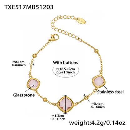 B廠【TXP517】不銹鋼方形切麵包邊玻璃石吊墜耳環項鍊手鍊珠寶首飾套裝鍍18k金
 25.12-2