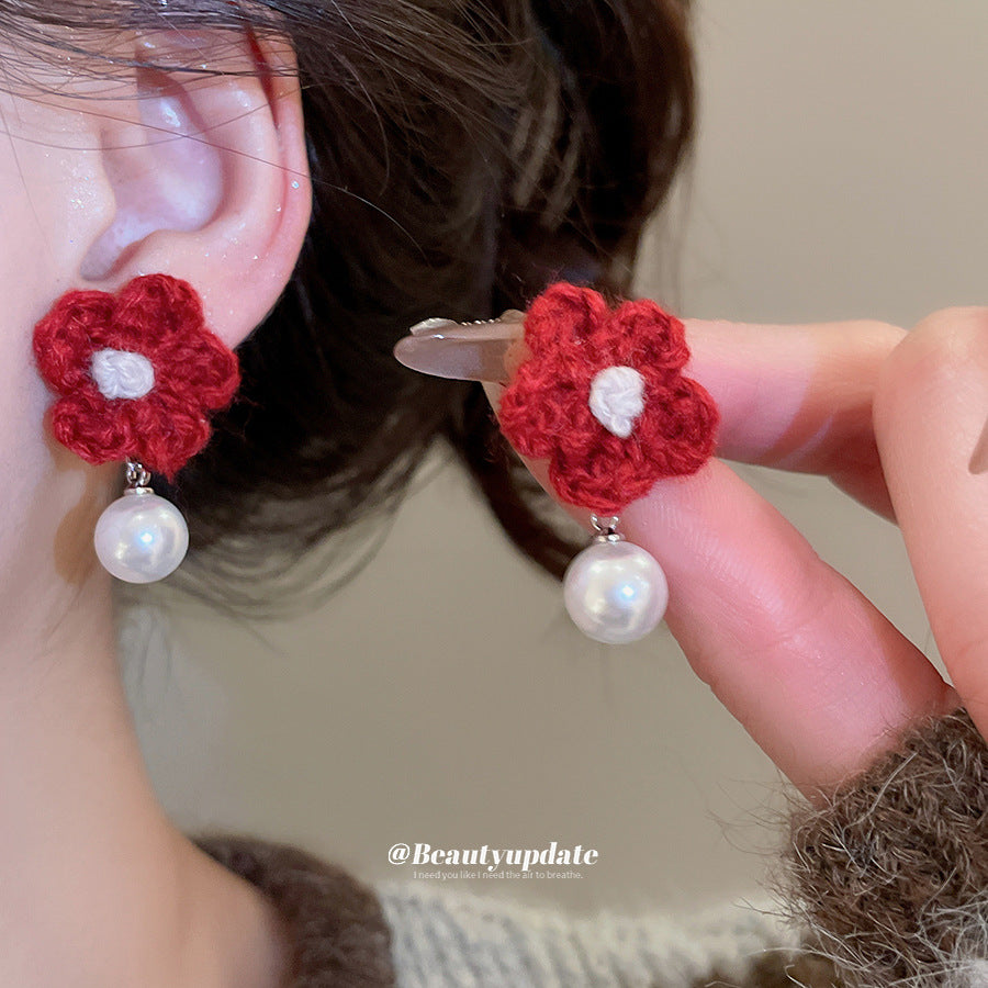 A廠【HE29266】925銀針針織花朵珍珠耳環秋冬溫柔甜美氣質耳環輕奢高級感新款耳環女
 25.11-2