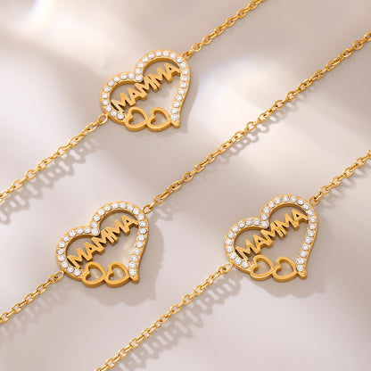 B廠【TXP218】歐美Mama愛心鋯石字母鎖骨項鍊手鍊鈦鋼PVD電鍍18K真金套裝 25.01-2