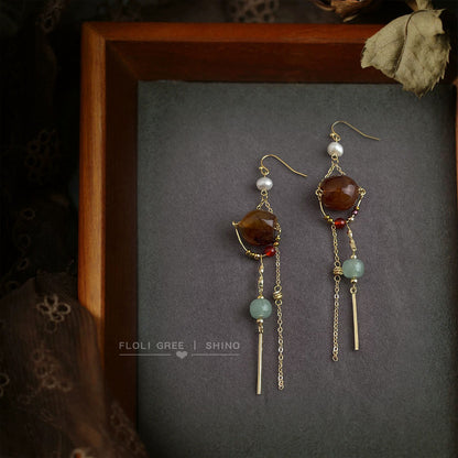 A廠【6935】設計師手工作品！長版文藝復古淡水珍珠美拉德風流蘇耳環
 25.10-3