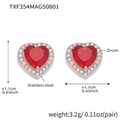 B廠【TXP354】新款紅色玻璃愛心滿鑽鎖骨項鍊耳環戒指不銹鋼材質飾品套裝 25.08-2