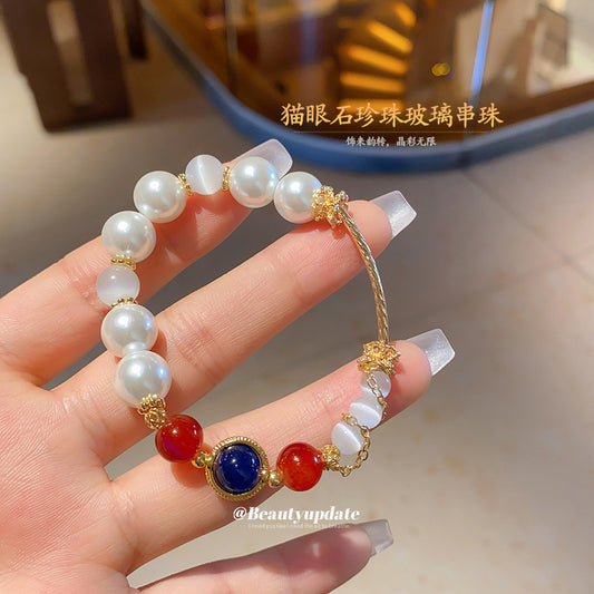 A廠【HB3774】貓眼石珍珠串珠手鍊新中式小眾清新百搭手串手環輕奢高級感手飾女 25.05-1