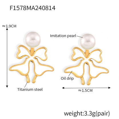 B廠【F1578】跨境仿珍珠彩釉蝴蝶花耳環鈦鋼小眾氣質設計輕奢個性耳環流行飾品 24.08-3