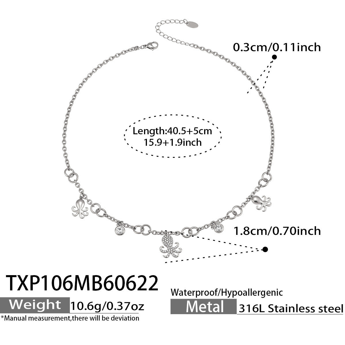 B廠【TXP106】海洋風八爪魚鑲嵌鋯石吊墜項鍊手鍊手鍊套裝不銹鋼鍍18k金 歐美飾品女 26.07-1