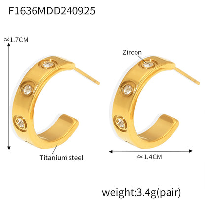 B廠【F1636】跨境時尚新款幾何C形鑲嵌鋯石耳環鈦鋼材質鍍18k金INS風氣質耳飾 24.10-1