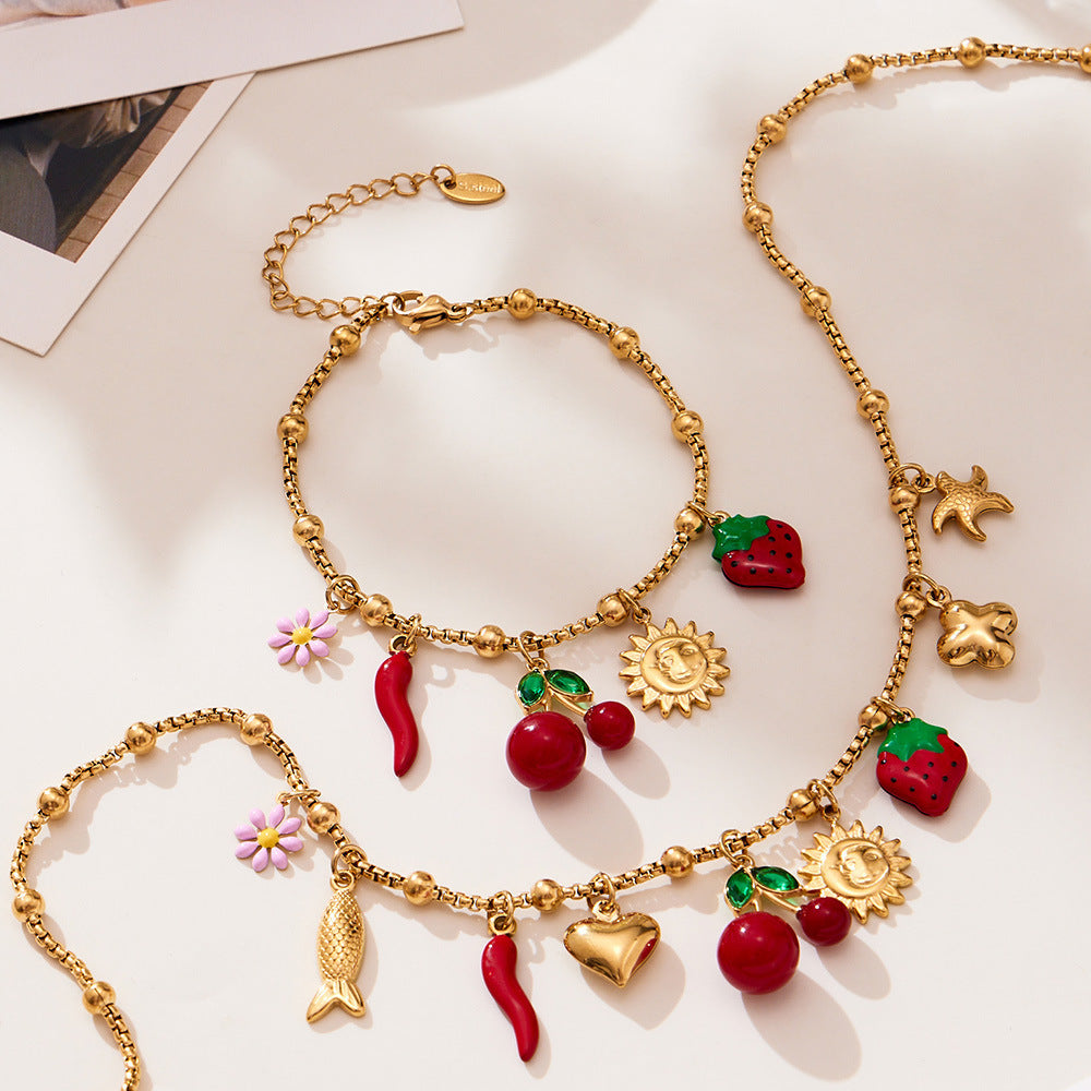 B廠【TXP449】櫻桃滴油小菊花手鍊項鍊diy不鏽鋼鍍18K金歐美百搭珠寶首飾
 25.10-4